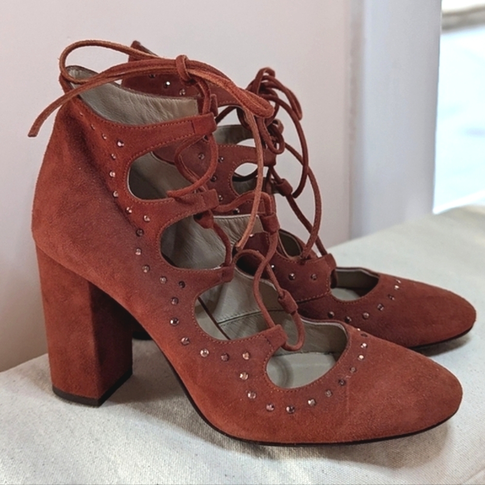 Sapena Spain Lace Up Chunky Ankle Heel Brown Suede Leather Round Yoe Euro 37.5